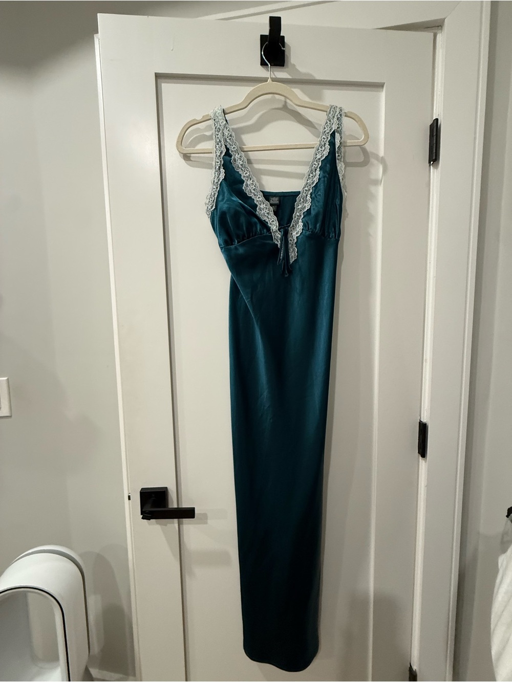 wild fable Teal Satin Maxi Dress with White Lace Trim